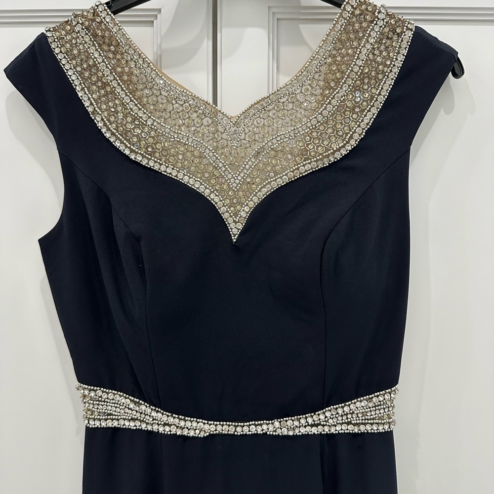 Terani Couture Navy Dress with Silver Accents